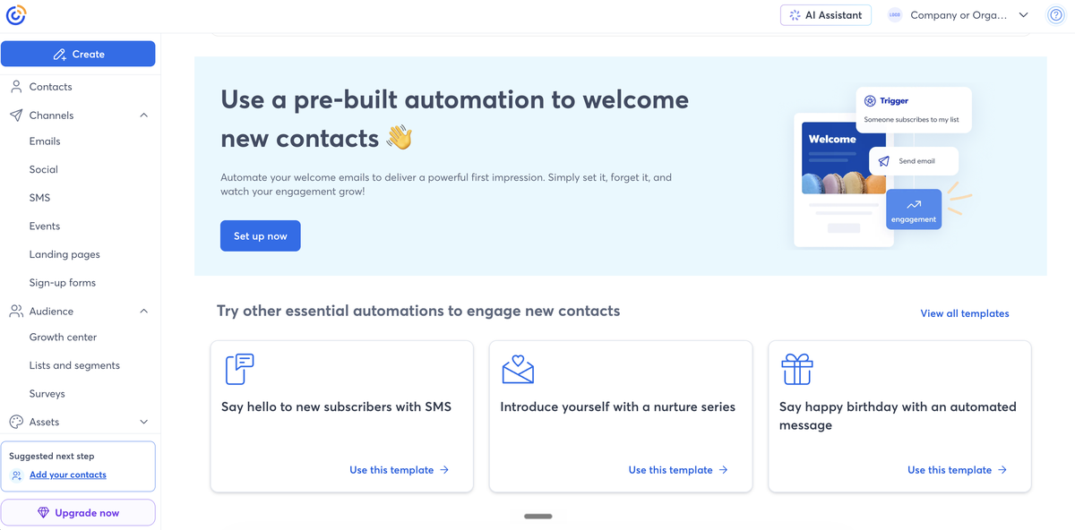 Constant Contact automation builder showing pre-built welcome series templates.