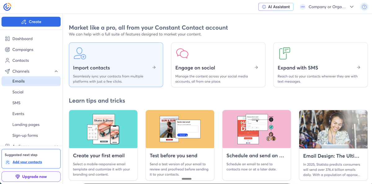 Constant Contact email campaign builder with the 'Market like a pro' template gallery.